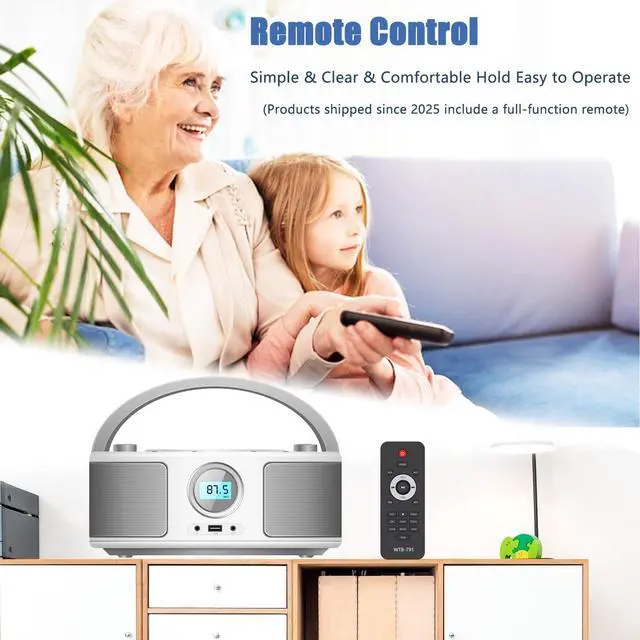 Alt view image 3 of 7 - Portable CD Player Boombox with FM Radio, Bluetooth, Remote Control, USB Port and AUX Headphone Jack, CD-R/CD-RW/MP3-CD Compatible, Clear Stereo Sound, AC/Battery Powered