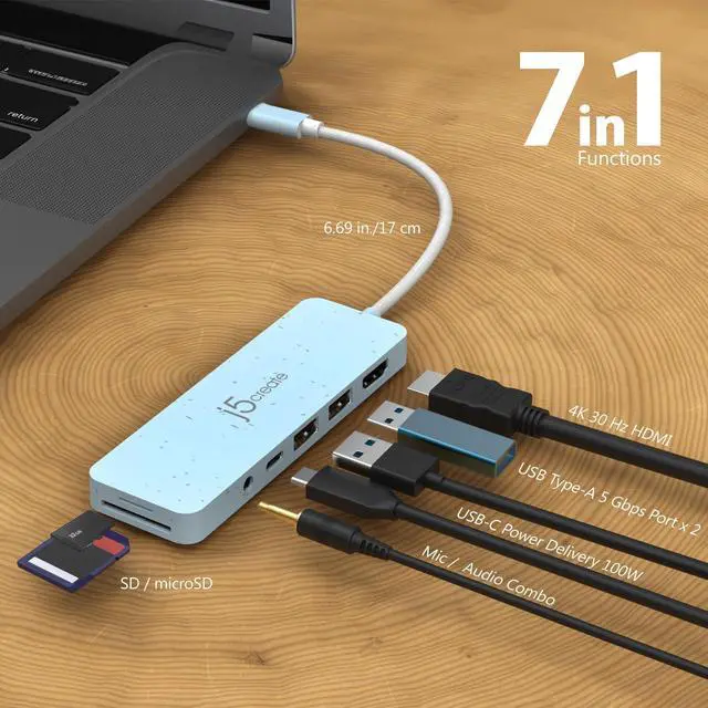 Alt view image 2 of 6 - USB-C Multi-Port Hub with Power Delivery with 4K HDMI/2 USB-A 5Gbps/PD 100W Charging SD&Micro SD/3.5mm Audio | for MacBook Pro&Air/iPad Pro/iMac/Surface/XPS/Thinkpad/Galaxy/and More(JCD373EW)
