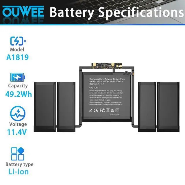 Alt view image 2 of 5 - A1819 A1706 Laptop Battery Compatible with MacBook Pro 13 inch A1706 Late 2016 Mid 2017, EMC 3071, EMC 3163 Series MLH12LL/A MPXV2LL/A MLVP2LL/A MNQF2LL/A MNQG2LL/A 49.2Wh 4314mAh 11.4V