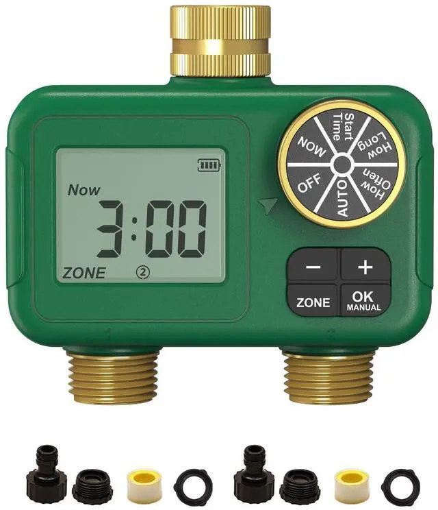 Main image of 2 Zone Water Timer for Garden Hose, 3/4 in Brass Inlet and Outlets, Battery Operated Sprinkler Timer, Dual Outlet Faucet Valve, Rain Delay, Manual Watering, Non-WiFi