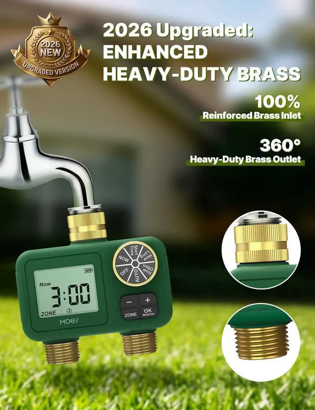 Alt view image 2 of 7 - 2 Zone Water Timer for Garden Hose, 3/4 in Brass Inlet and Outlets, Battery Operated Sprinkler Timer, Dual Outlet Faucet Valve, Rain Delay, Manual Watering, Non-WiFi