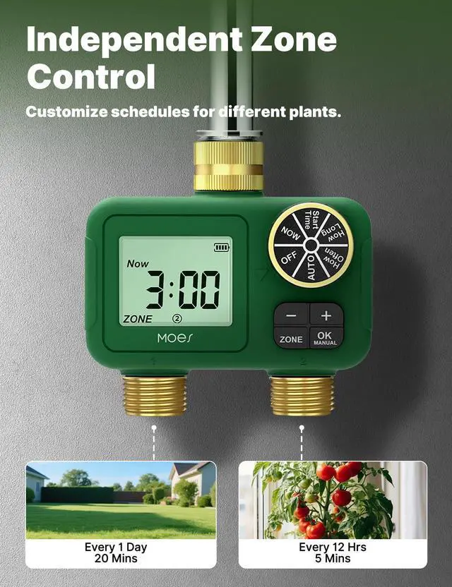 Alt view image 3 of 7 - 2 Zone Water Timer for Garden Hose, 3/4 in Brass Inlet and Outlets, Battery Operated Sprinkler Timer, Dual Outlet Faucet Valve, Rain Delay, Manual Watering, Non-WiFi