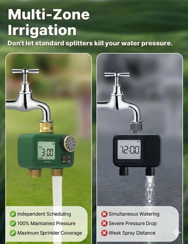 Alt view image 5 of 7 - 2 Zone Water Timer for Garden Hose, 3/4 in Brass Inlet and Outlets, Battery Operated Sprinkler Timer, Dual Outlet Faucet Valve, Rain Delay, Manual Watering, Non-WiFi