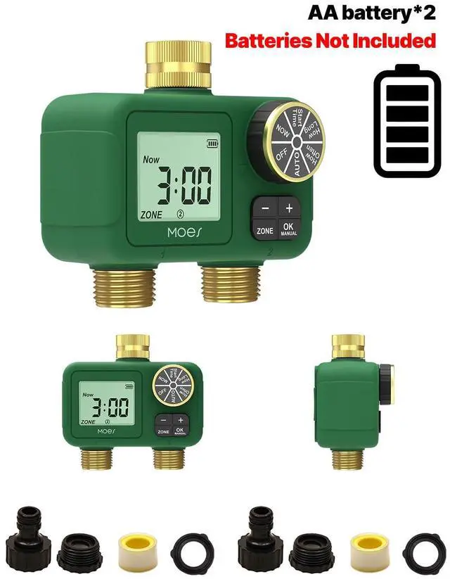 Alt view image 7 of 7 - 2 Zone Water Timer for Garden Hose, 3/4 in Brass Inlet and Outlets, Battery Operated Sprinkler Timer, Dual Outlet Faucet Valve, Rain Delay, Manual Watering, Non-WiFi