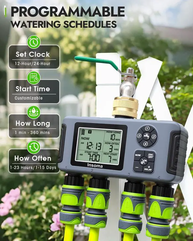 Alt view image 3 of 7 - 4-Zone Water Timer with Brass Inlet, Automatic Garden Hose Timer with Manual/Rain Delay & Large Display, IPX5 Waterproof Faucet Timers for Sprinkler System, Yard, Lawn, Greenhouse