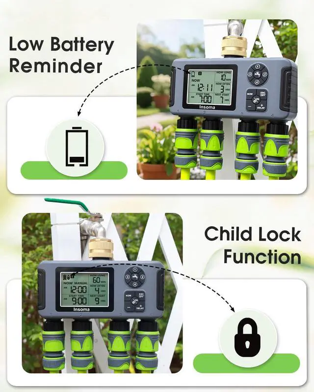 Alt view image 6 of 7 - 4-Zone Water Timer with Brass Inlet, Automatic Garden Hose Timer with Manual/Rain Delay & Large Display, IPX5 Waterproof Faucet Timers for Sprinkler System, Yard, Lawn, Greenhouse