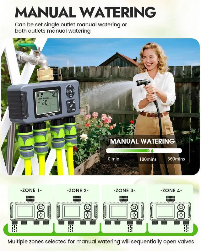 Alt view image 4 of 7 - 4-Zone Water Timer with Brass Inlet, Automatic Garden Hose Timer with Manual/Rain Delay & Large Display, IPX5 Waterproof Faucet Timers for Sprinkler System, Yard, Lawn, Greenhouse