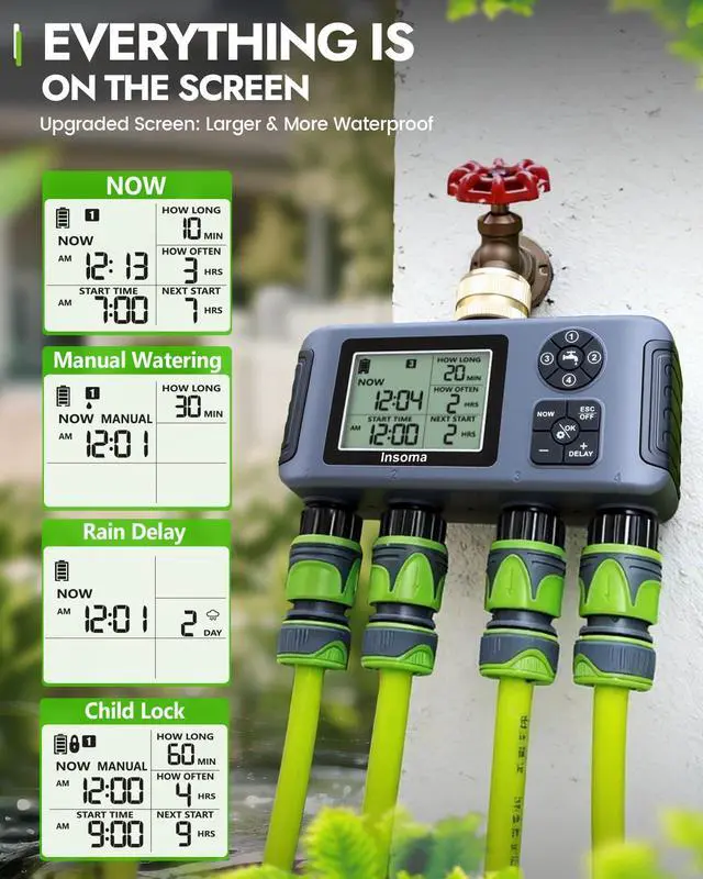 Alt view image 7 of 7 - 4-Zone Water Timer with Brass Inlet, Automatic Garden Hose Timer with Manual/Rain Delay & Large Display, IPX5 Waterproof Faucet Timers for Sprinkler System, Yard, Lawn, Greenhouse