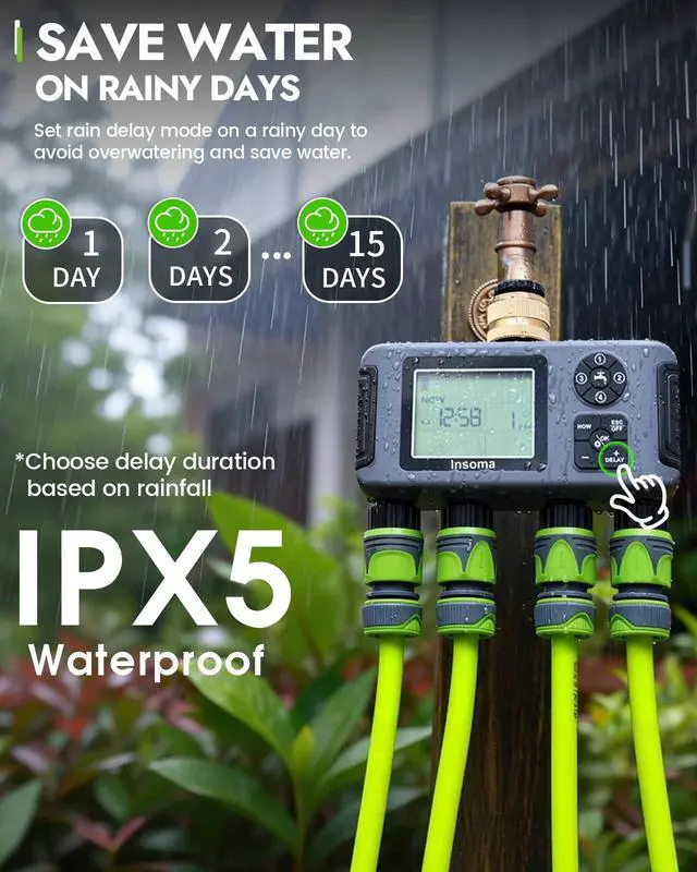 Alt view image 5 of 7 - 4-Zone Water Timer with Brass Inlet, Automatic Garden Hose Timer with Manual/Rain Delay & Large Display, IPX5 Waterproof Faucet Timers for Sprinkler System, Yard, Lawn, Greenhouse