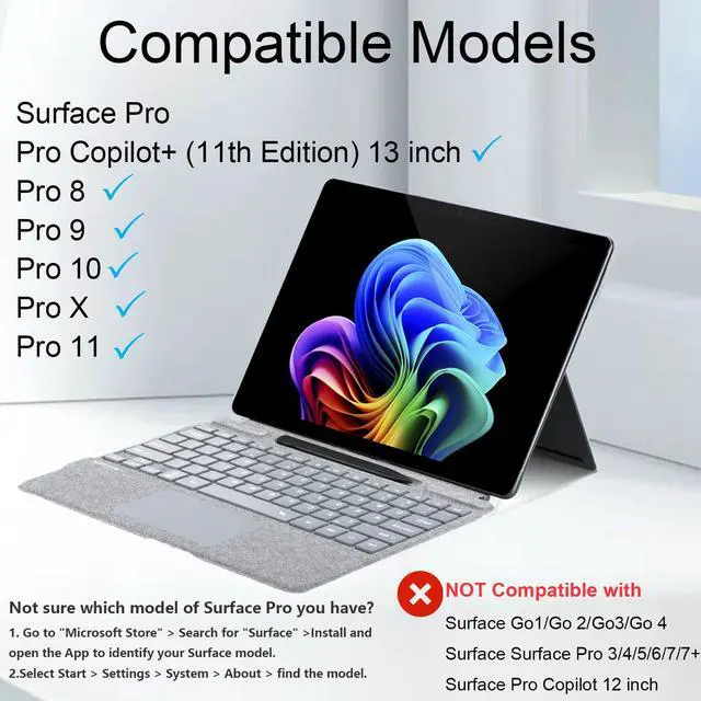 Alt view image 2 of 6 - Type Cover for Microsoft Surface Pro 13 inch, Compatible with Surface Pro 11/10 / 9/8 / X, Slim Keyboard with Trackpad Mouse, Backlit & Pen Holder (Light Gray)