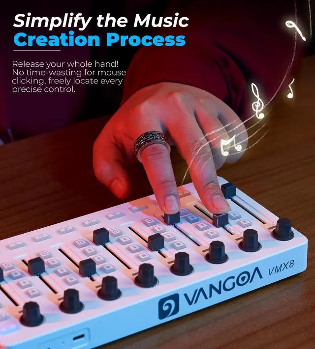 Alt view image 2 of 7 - Wireless Midi Controller Mixer Mute, Portable USB Midi Keyboard controlador Mixing Console 43 Backlit Button, 8 Channel Faders with LED indicator, 8 Assignable Endless Knobs for Daw, Mac, PC