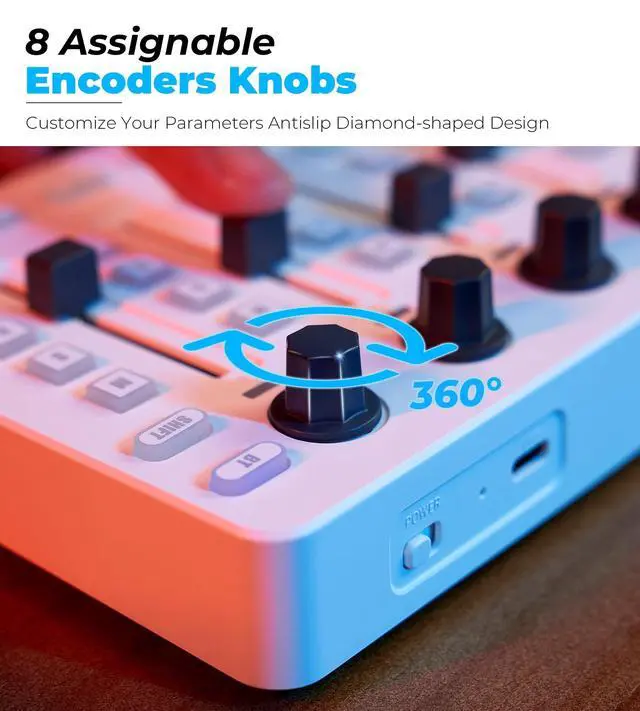 Alt view image 4 of 7 - Wireless Midi Controller Mixer Mute, Portable USB Midi Keyboard controlador Mixing Console 43 Backlit Button, 8 Channel Faders with LED indicator, 8 Assignable Endless Knobs for Daw, Mac, PC