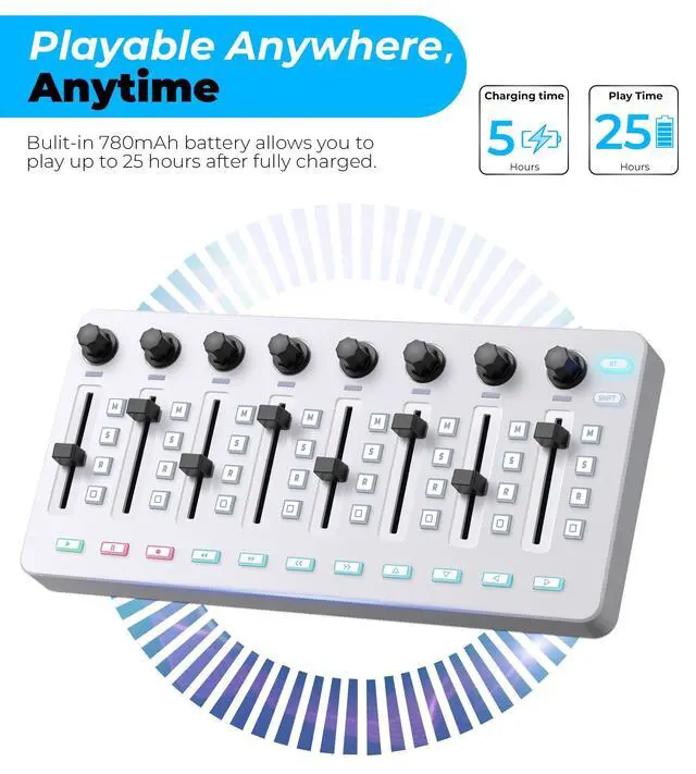 Alt view image 5 of 7 - Wireless Midi Controller Mixer Mute, Portable USB Midi Keyboard controlador Mixing Console 43 Backlit Button, 8 Channel Faders with LED indicator, 8 Assignable Endless Knobs for Daw, Mac, PC