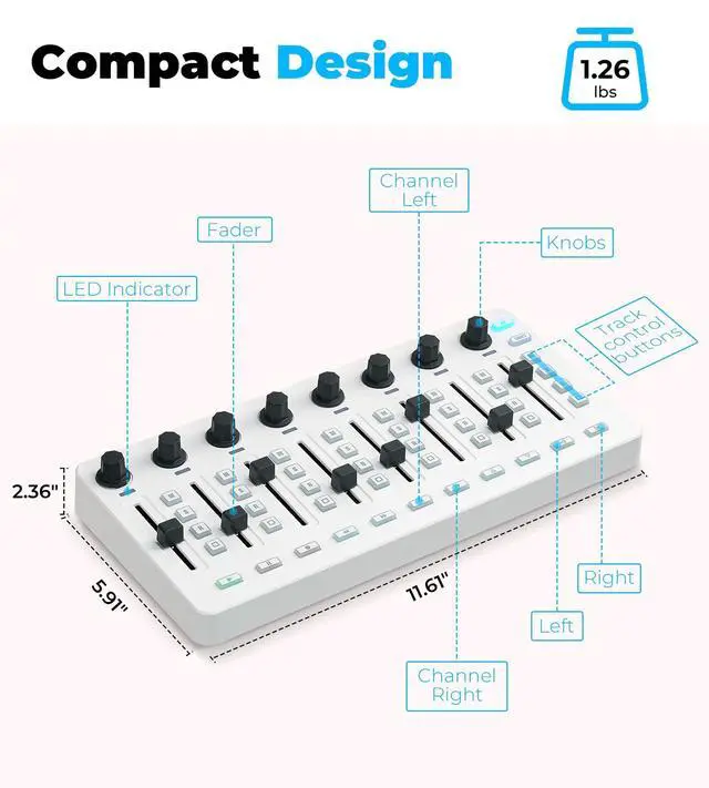 Alt view image 7 of 7 - Wireless Midi Controller Mixer Mute, Portable USB Midi Keyboard controlador Mixing Console 43 Backlit Button, 8 Channel Faders with LED indicator, 8 Assignable Endless Knobs for Daw, Mac, PC