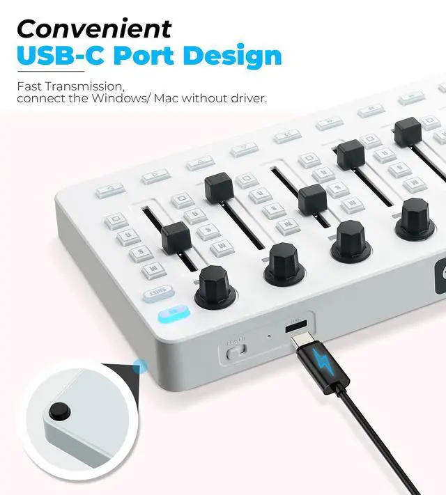 Alt view image 6 of 7 - Wireless Midi Controller Mixer Mute, Portable USB Midi Keyboard controlador Mixing Console 43 Backlit Button, 8 Channel Faders with LED indicator, 8 Assignable Endless Knobs for Daw, Mac, PC