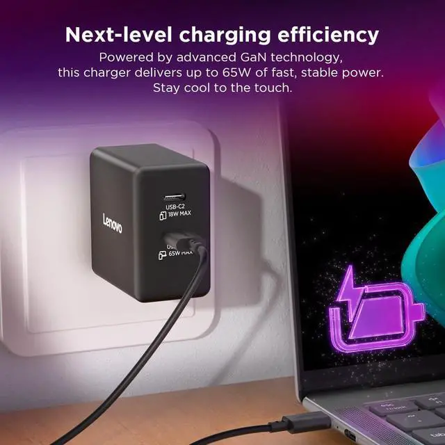 Alt view image 3 of 7 - Dual USB-C 65W GaN Charger, 2 USB-C Ports, for Laptops/Tablets & Phones & More, Compact Size, Foldable Plug, Includes 1.5m USB C Cable, Model/Type: CC65, Black
