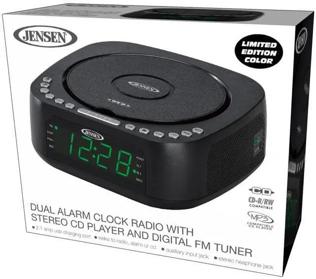 Alt view image 6 of 7 - Modern Home Audio CD Player Tabletop Stereo Dual Alarm Clock Digital FM Radio | Top-Loading CD/MP3/WMA Discs Player | USB Charging Port 2.1A | Headphone Jack | 0.9 Display Green LED