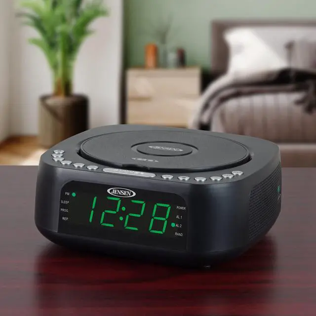 Alt view image 5 of 7 - Modern Home Audio CD Player Tabletop Stereo Dual Alarm Clock Digital FM Radio | Top-Loading CD/MP3/WMA Discs Player | USB Charging Port 2.1A | Headphone Jack | 0.9 Display Green LED