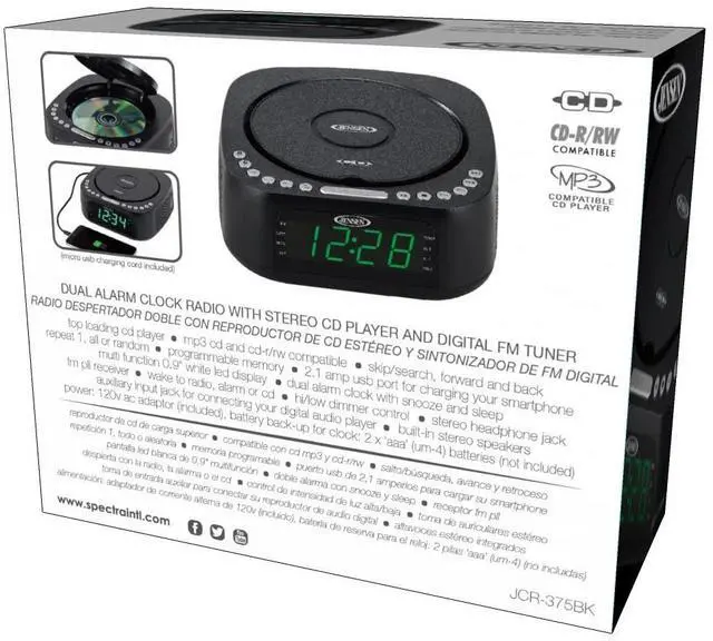 Alt view image 7 of 7 - Modern Home Audio CD Player Tabletop Stereo Dual Alarm Clock Digital FM Radio | Top-Loading CD/MP3/WMA Discs Player | USB Charging Port 2.1A | Headphone Jack | 0.9 Display Green LED