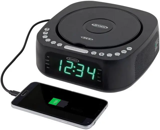 Alt view image 3 of 7 - Modern Home Audio CD Player Tabletop Stereo Dual Alarm Clock Digital FM Radio | Top-Loading CD/MP3/WMA Discs Player | USB Charging Port 2.1A | Headphone Jack | 0.9 Display Green LED