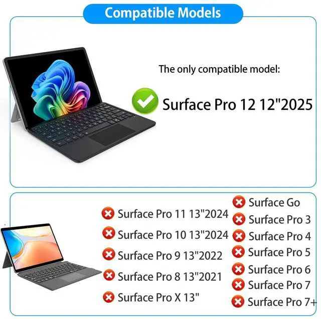 Alt view image 2 of 7 - Keyboard for Microsoft Surface Pro 12 inch (2025), Bluetooth Wireless Magnetic Keyboard with Multi-Touch Trackpad, Rechargeable Battery, 7-Color Backlit, Smart Sleep/Wake