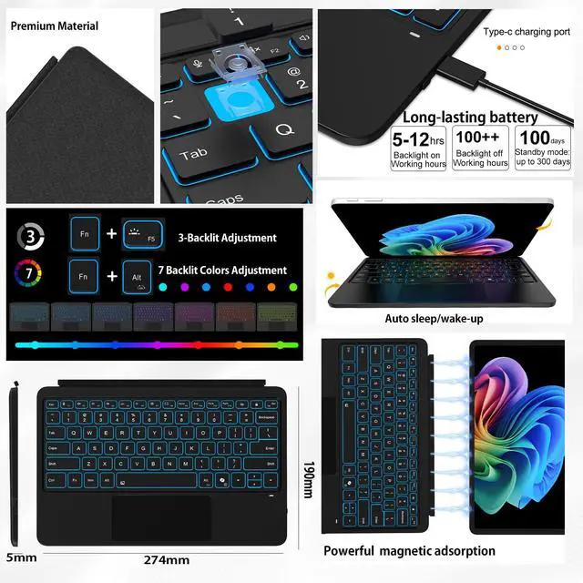 Alt view image 7 of 7 - Keyboard for Microsoft Surface Pro 12 inch (2025), Bluetooth Wireless Magnetic Keyboard with Multi-Touch Trackpad, Rechargeable Battery, 7-Color Backlit, Smart Sleep/Wake