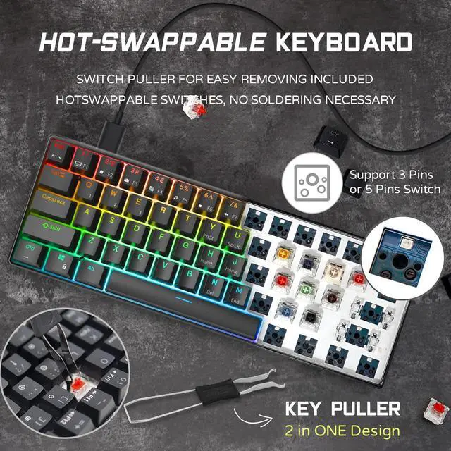 Alt view image 3 of 7 - RK61 Wired 60% Mechanical Gaming Keyboard Programmable QMK/VIA RGB Backlit 61 Keys Ultra-Compact Hot Swappable Brown Switch Black