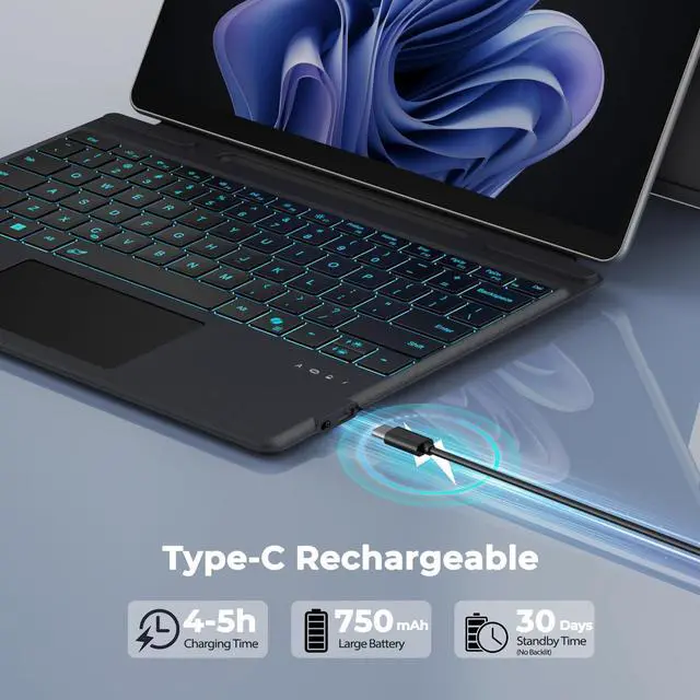Alt view image 7 of 7 - Surface Pro Keyboard for Microsoft Surface Pro 11/10/9/8/X 13", 7 Color Backlits, Detachable Bluetooth Wireless Keyboard with Pen Storage, Ultra-Slim Rechargeable Type Cover with Multi-Touch Trackpad