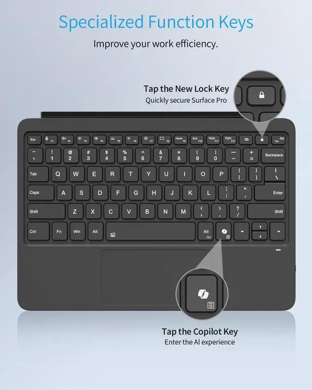 Alt view image 4 of 7 - Keyboard for Microsoft Surface pro 12" 2025, Wireless Bluetooth Keyboard with LED Backlight, Black