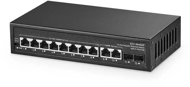 Main image of 12 Port Gigabit POE Switch, 8 POE+ Ports 1000Mbps, 2 Gigabit Uplink, 2 Gigabit SFP, IEEE802.3af/at, 135W Power Supply, Metal Case Unmanaged Plug and Play