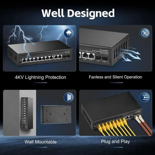 Alt view image 7 of 7 - 12 Port Gigabit POE Switch, 8 POE+ Ports 1000Mbps, 2 Gigabit Uplink, 2 Gigabit SFP, IEEE802.3af/at, 135W Power Supply, Metal Case Unmanaged Plug and Play