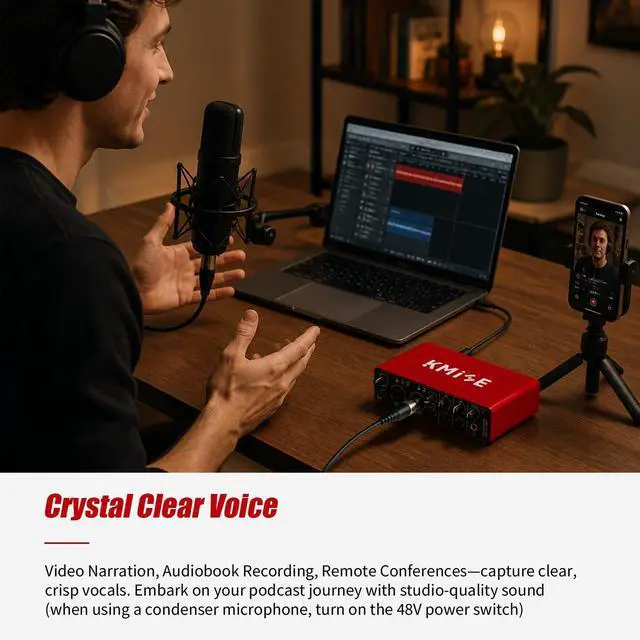 Alt view image 4 of 7 - USB Audio Interface, Computer Recording Audio Interfaces with 48V Phantom Power for Recording, Studio Quality Sound, Compatible with Guitarists, Vocalists, Podcasters (USB 3.0 Type-A)