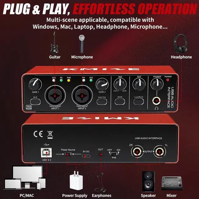 Alt view image 5 of 7 - USB Audio Interface, Computer Recording Audio Interfaces with 48V Phantom Power for Recording, Studio Quality Sound, Compatible with Guitarists, Vocalists, Podcasters (USB 3.0 Type-A)