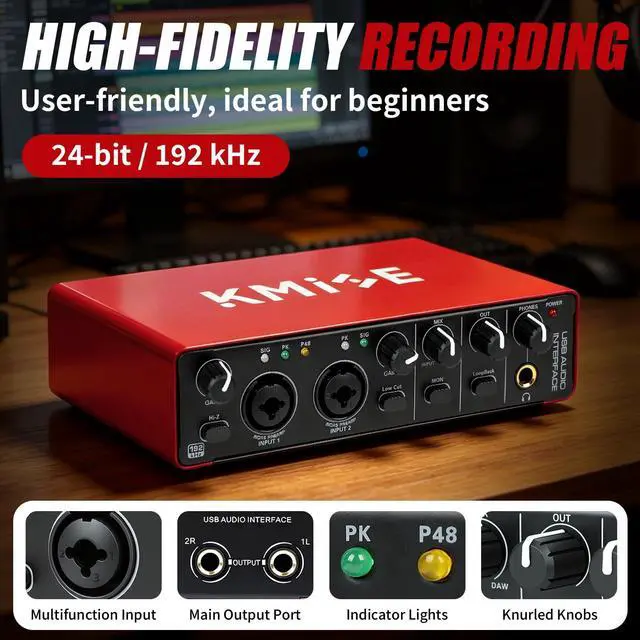 Alt view image 7 of 7 - USB Audio Interface, Computer Recording Audio Interfaces with 48V Phantom Power for Recording, Studio Quality Sound, Compatible with Guitarists, Vocalists, Podcasters (USB 3.0 Type-A)