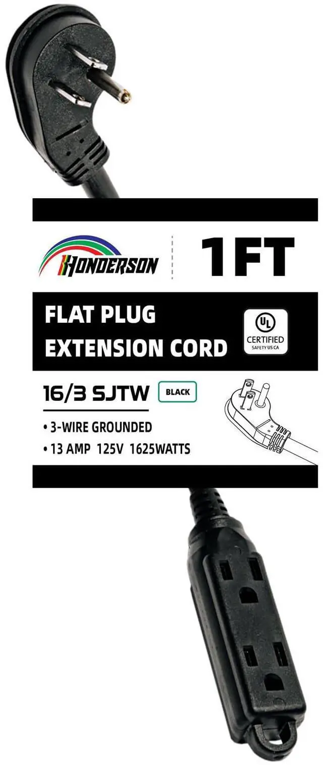 Main image of 3-Outlets Flat Plug Indoor Extension Cord Outlet Extender, UL Certified, 16 Gauge 1FT Black 3 Prong Heavy Duty, 16/3 SJTW 13A Power Strip