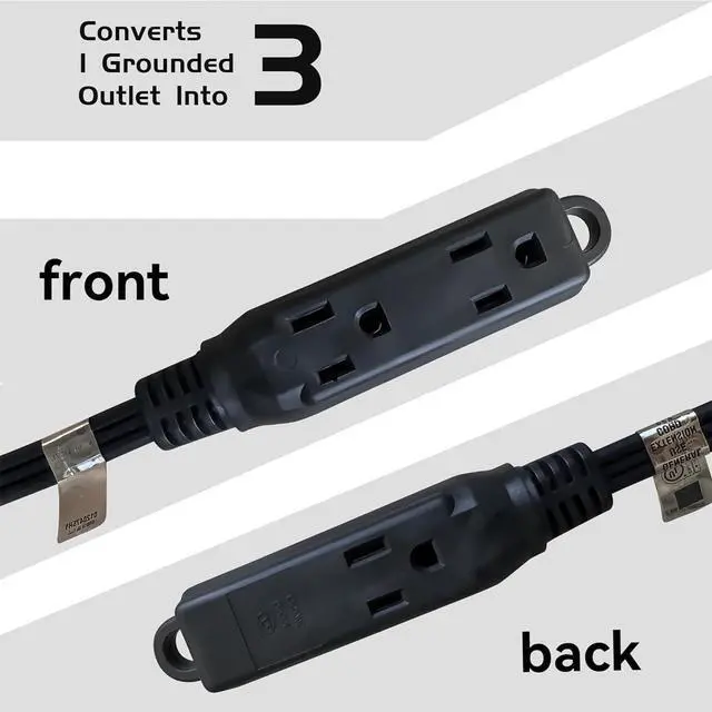 Alt view image 5 of 7 - 3-Outlets Flat Plug Indoor Extension Cord Outlet Extender, UL Certified, 16 Gauge 1FT Black 3 Prong Heavy Duty, 16/3 SJTW 13A Power Strip