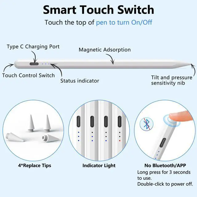 Alt view image 4 of 7 - Stylus Pen for iPad 2018-2025 with Palm Rejection, Active Pencil for iPad 10th/9th/8th/7th/6th Generation, for iPad Pro 11/12.9 inch, for iPad Air 5th/4th/3th Gen, for iPad Mini 6th/5th Gen (White)