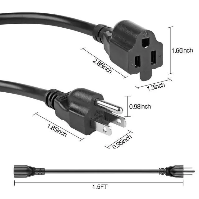 Alt view image 5 of 7 - 1.5 Feet 1875W 15A Heavy Duty Extension Cord Outlet Saver 3-Prong 14 AWG Short Power Extension Cord Black,UL Listed