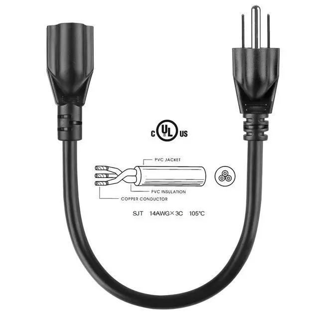 Alt view image 2 of 7 - 1.5 Feet 1875W 15A Heavy Duty Extension Cord Outlet Saver 3-Prong 14 AWG Short Power Extension Cord Black,UL Listed