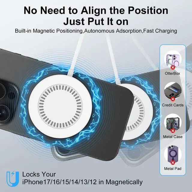 Alt view image 6 of 7 - Magnetic Wireless Charger Pad Fast Charging Station Compatible for iPhone 17E/17 Air/17 Pro Max/16E/16 Pro Max/15/14/13/12,15W Wireless Charger Android Phone with 4FT USB C/USB A Port for Galaxy S26