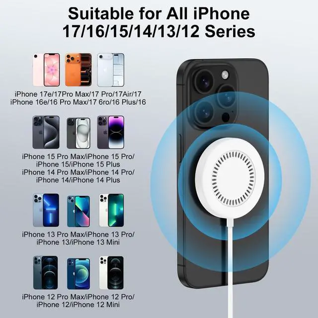 Alt view image 7 of 7 - Magnetic Wireless Charger Pad Fast Charging Station Compatible for iPhone 17E/17 Air/17 Pro Max/16E/16 Pro Max/15/14/13/12,15W Wireless Charger Android Phone with 4FT USB C/USB A Port for Galaxy S26