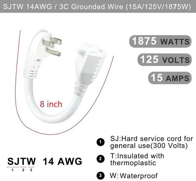 Alt view image 2 of 7 - Short Power Extension Cord - Low Profile Wall Head 6 Inch 14AWG/3C SJTW Heavy Duty Extension Cable for Indoor/Outdoor, 45-Degree Flat Plug 15A/125V 1875W NEMA 5-15P to NEMA 5-15R, White 1-Pack