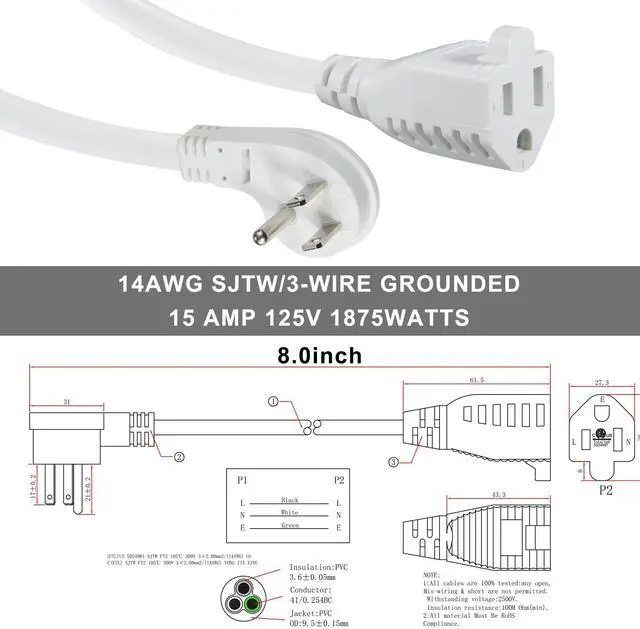 Alt view image 7 of 7 - Short Power Extension Cord - Low Profile Wall Head 6 Inch 14AWG/3C SJTW Heavy Duty Extension Cable for Indoor/Outdoor, 45-Degree Flat Plug 15A/125V 1875W NEMA 5-15P to NEMA 5-15R, White 1-Pack