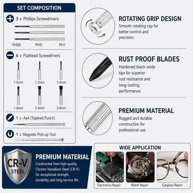 Alt view image 2 of 6 - 11PCS Mini Precision Screwdriver Set, Small Tools with 11 Size Flathead and Phillips Kit, Professional Magnetic Repair Tool for Jewelry, Ring Doorbell, Watch, iPhone, Toys, Computer, Eyeglass