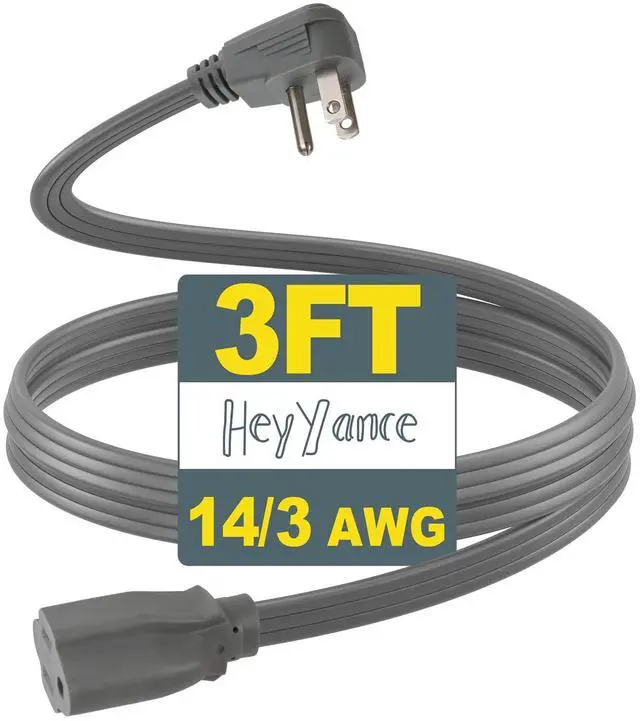 Main image of 14 Gauge Heavy Duty Appliance Extension Cord - 3 FT SPT-3 Flat Plug 3 Prong Grounded Power Cable for Air Conditioners, Refrigerators, Microwaves, Washing Machines - Indoor Use, Gray