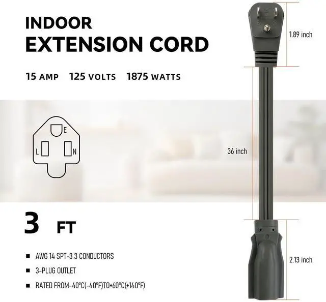 Alt view image 2 of 7 - 14 Gauge Heavy Duty Appliance Extension Cord - 3 FT SPT-3 Flat Plug 3 Prong Grounded Power Cable for Air Conditioners, Refrigerators, Microwaves, Washing Machines - Indoor Use, Gray