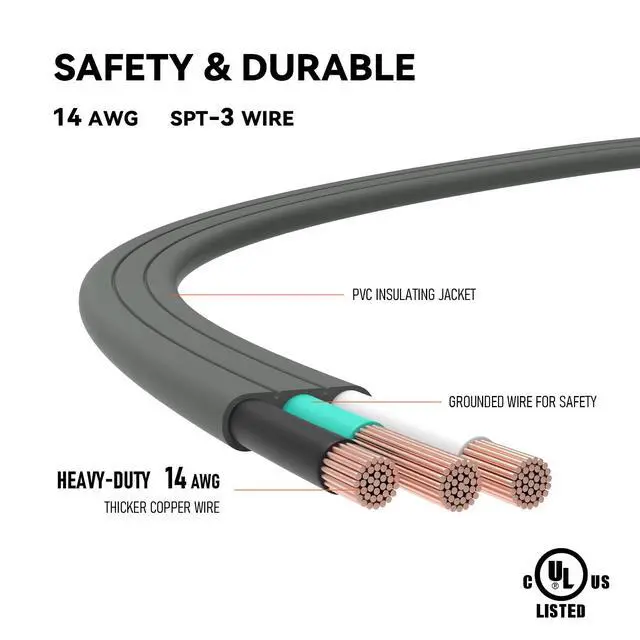 Alt view image 3 of 7 - 14 Gauge Heavy Duty Appliance Extension Cord - 3 FT SPT-3 Flat Plug 3 Prong Grounded Power Cable for Air Conditioners, Refrigerators, Microwaves, Washing Machines - Indoor Use, Gray