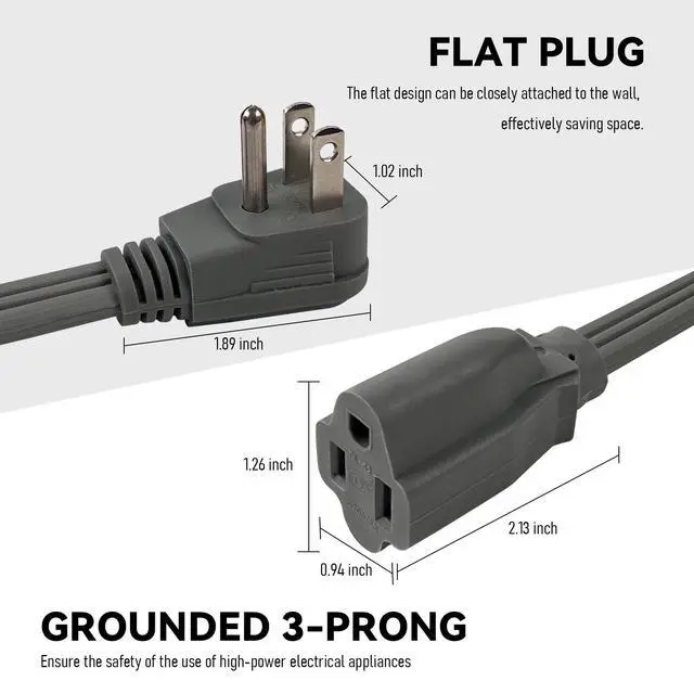 Alt view image 5 of 7 - 14 Gauge Heavy Duty Appliance Extension Cord - 3 FT SPT-3 Flat Plug 3 Prong Grounded Power Cable for Air Conditioners, Refrigerators, Microwaves, Washing Machines - Indoor Use, Gray