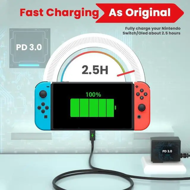 Alt view image 4 of 7 - 39W Charger for Nintendo Switch - 15V 2.6A with 10FT USB C Cable - Compatible with Switch Lite/OLED, Supports TV Mode and Dock Station