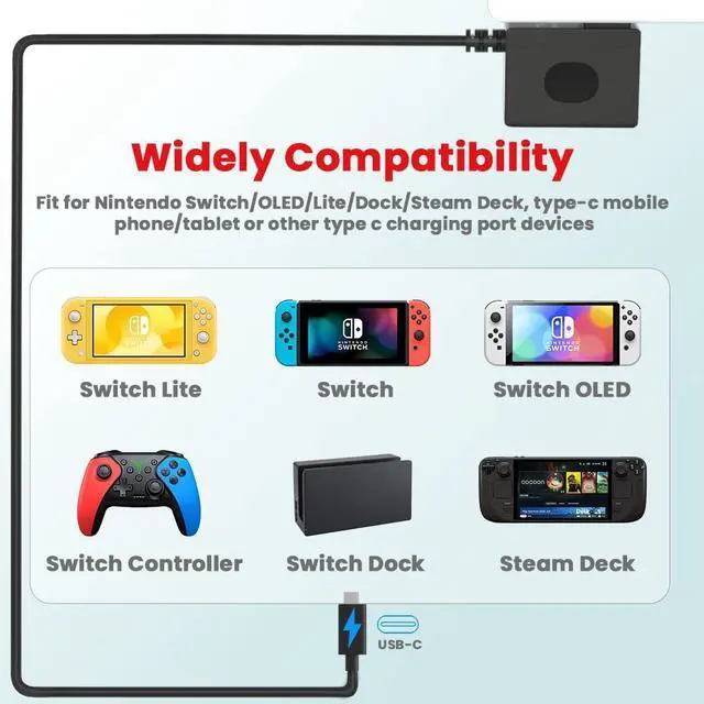 Alt view image 5 of 7 - 39W Charger for Nintendo Switch - 15V 2.6A with 10FT USB C Cable - Compatible with Switch Lite/OLED, Supports TV Mode and Dock Station